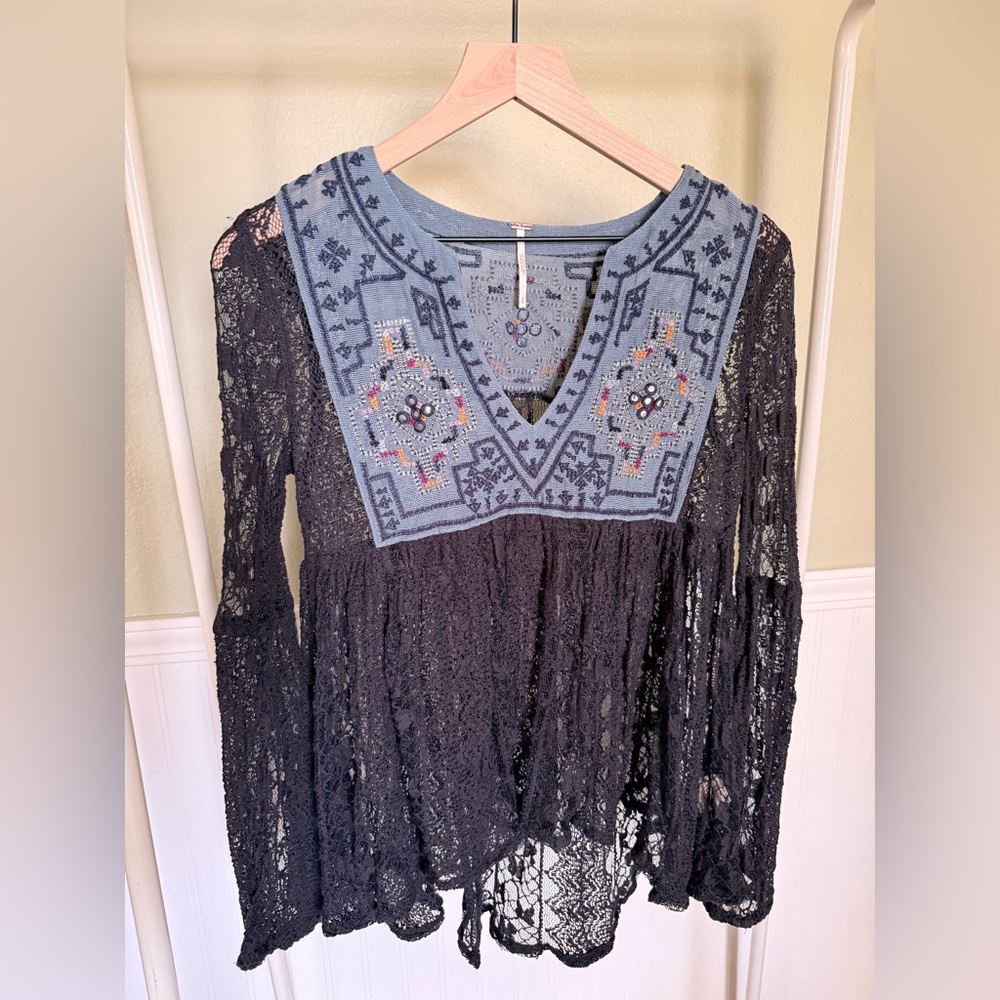 Free People Black Lace Blouse with Blue Embroidery